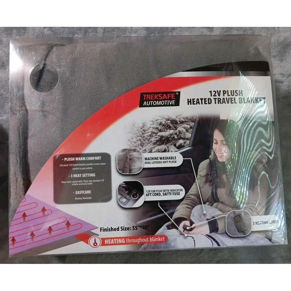 Treksafe Heated Travel Blanket Throw 12 Volt Plush 3 Settings‎ Dual Layer 55x40